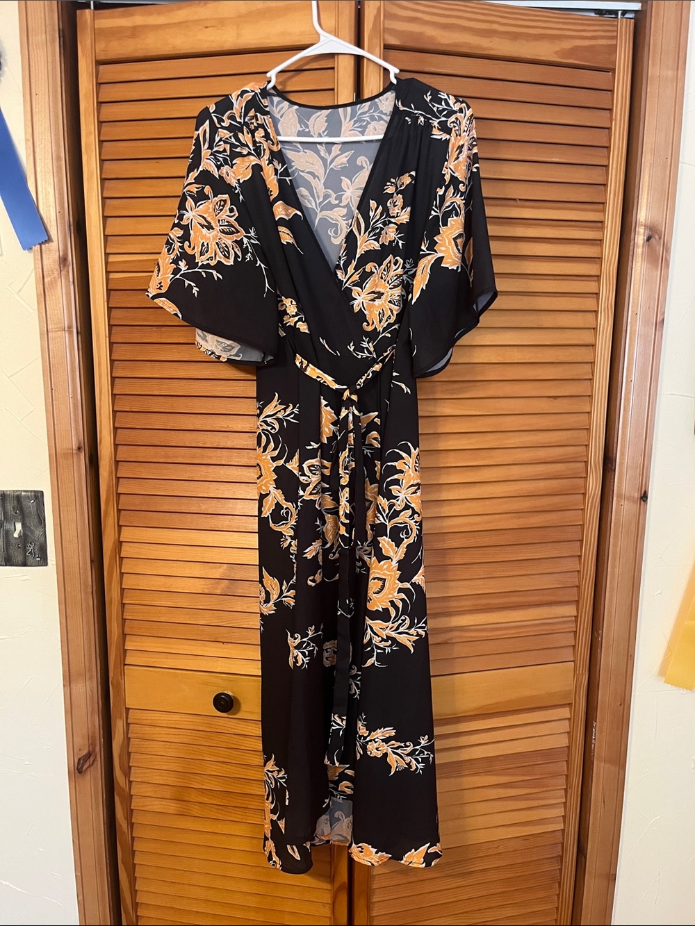 Black Floral Wrap Dress with Mustard Yellow Blooms